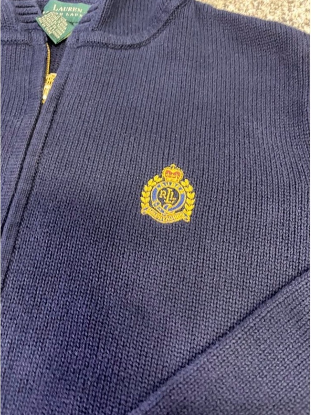 Vintage Ralph Lauren 100% Cotton Navy Hooded Cardigan with Gold Crest